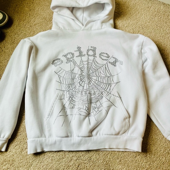 Sp5der OG Rhinestone Logo White Hoodie Sweatshirt Size Medium - Picture 4 of 8